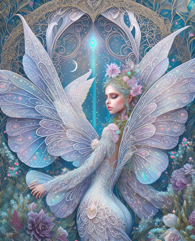Intricate fairy illustration with floral wings in magical setting