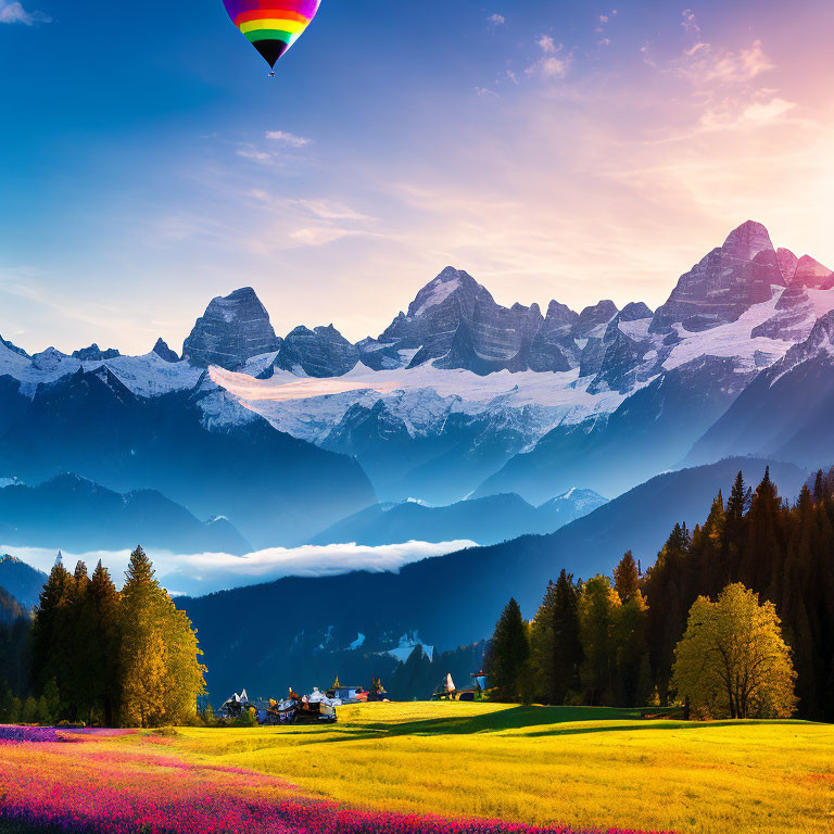 Colorful hot air balloon over snowy mountains and flower field