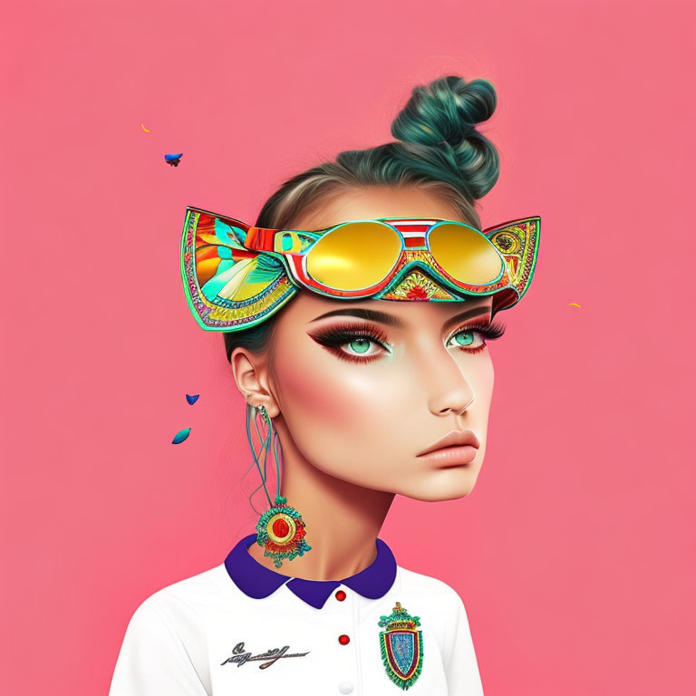 Stylized high bun woman in ornate sunglasses on pink background with colorful butterflies.