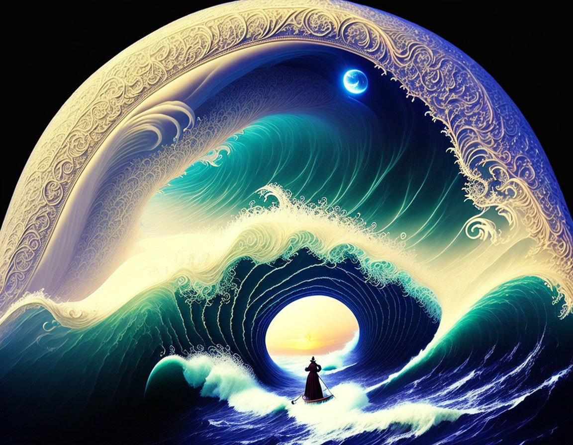 Person in boat facing gigantic ornately patterned wave under night sky with bright moon