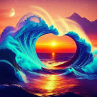 Scenic sunset painting: Waves form heart shape with mountains and ornate sky patterns
