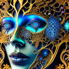 Detailed digital art: Woman's profile with metallic headdress in gold and purple.