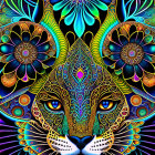 Colorful Psychedelic Leopard Face Art with Floral and Geometric Patterns