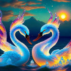 Stylized radiant swans form heart shape on vibrant twilight background