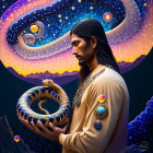 Man with long hair holding ouroboros in cosmic setting with planets, stars, galaxies, and