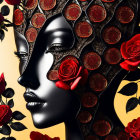Stylized woman's face with lacy black mask, red flowers, yellow backdrop