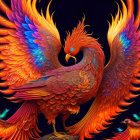 Colorful Phoenix Artwork with Fiery Feathers on Black Background