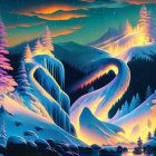 Luminous river artwork with snow-covered pine trees