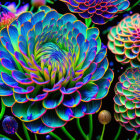 Neon-colored fantastical flowers on dark starry background