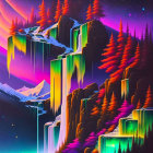 Surreal landscape with neon waterfalls and pine trees