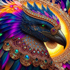 Colorful Stylized Bird Artwork with Jewel-like Patterns in Ornate Background