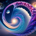 Woman dancing on surreal wave with planets and stars in cosmic space.