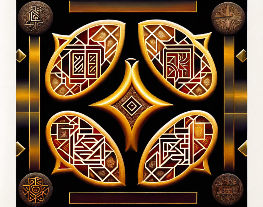 Geometric Celtic-inspired patterns on black background with copper tones