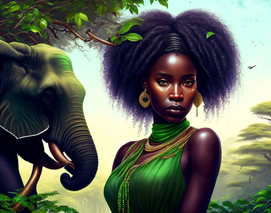 Woman with styled hair and elephant in lush jungle setting.
