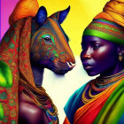 Woman in African attire with horse and body art on colorful background