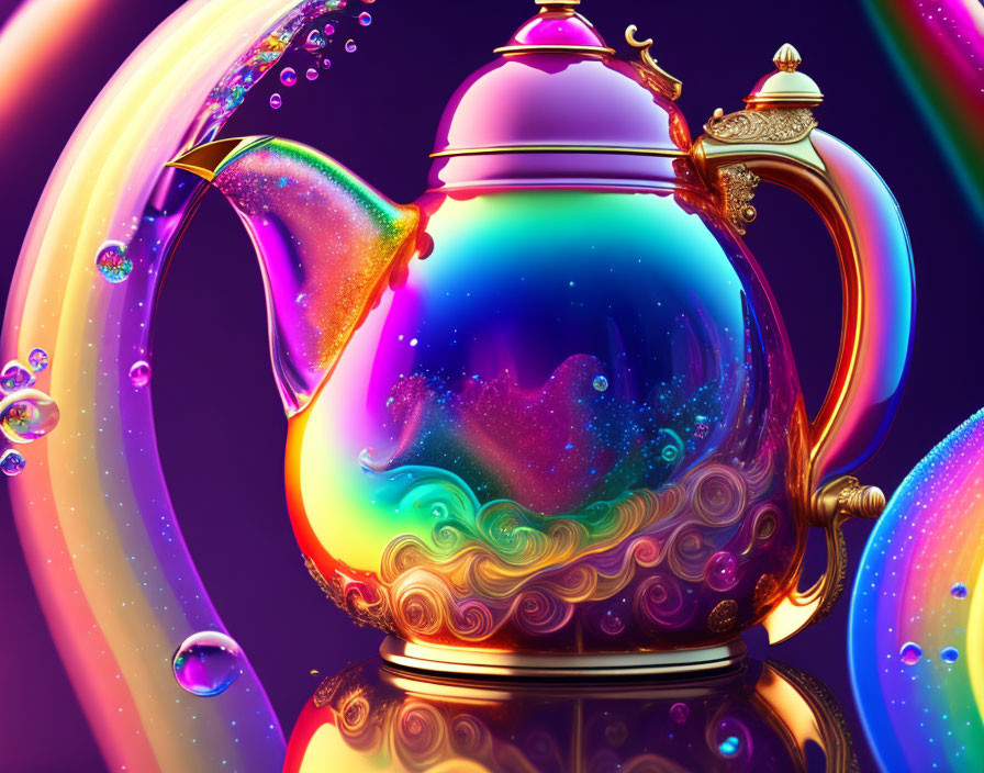Surreal teapot image with galaxy and stars on vibrant cosmic backdrop