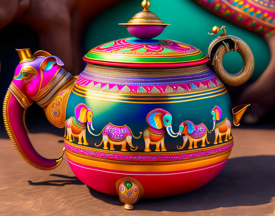 Colorful Elephant Motif Teapot with Ornate Patterns on Blurred Background
