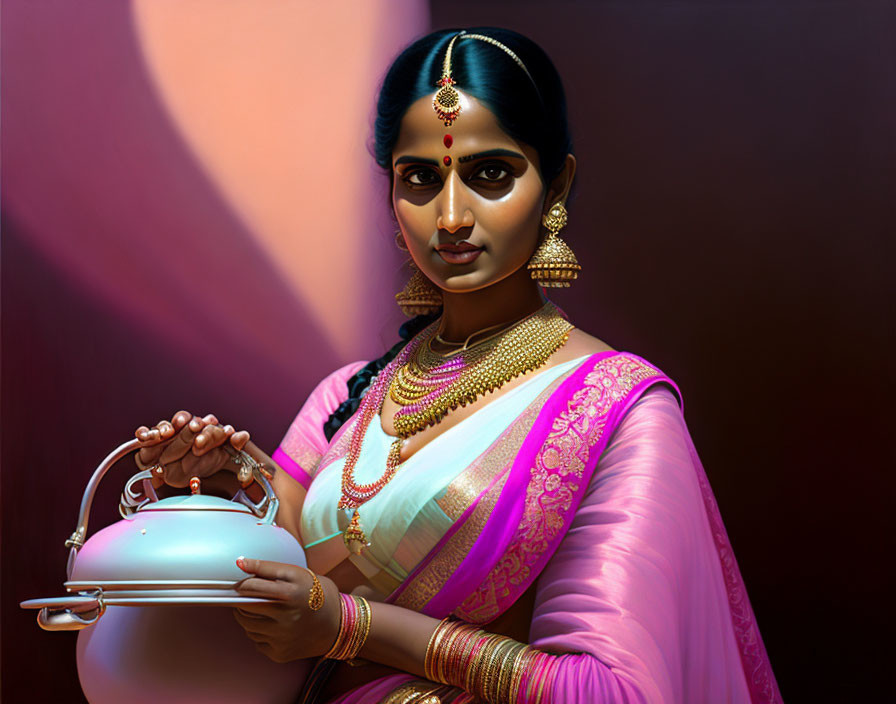 Traditional Indian Attire Woman Holding Metallic Vessel Illustration