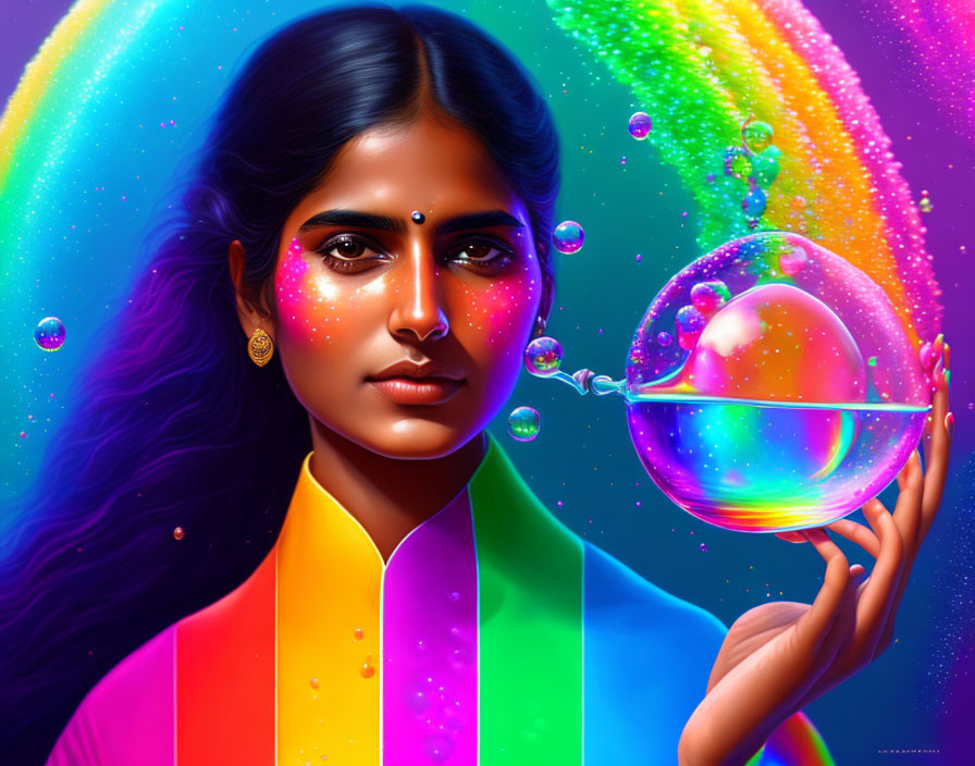 Digital art: Woman with dark complexion holding iridescent bubble on colorful background