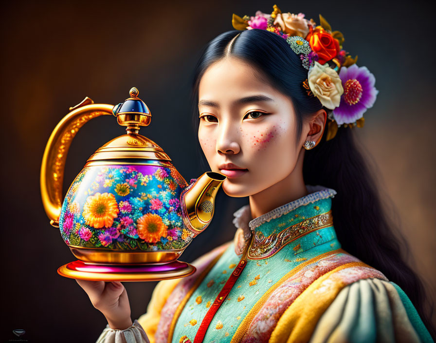 Woman in traditional outfit with floral hair accessories holding vibrant flower-patterned teapot