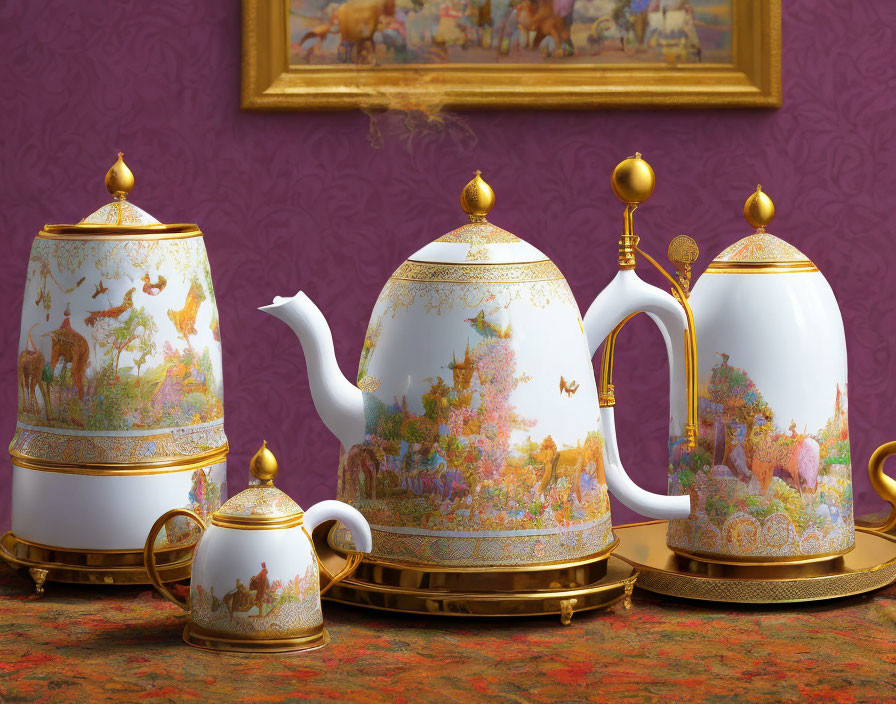 Porcelain teapot set with gold accents and animal designs on patterned table