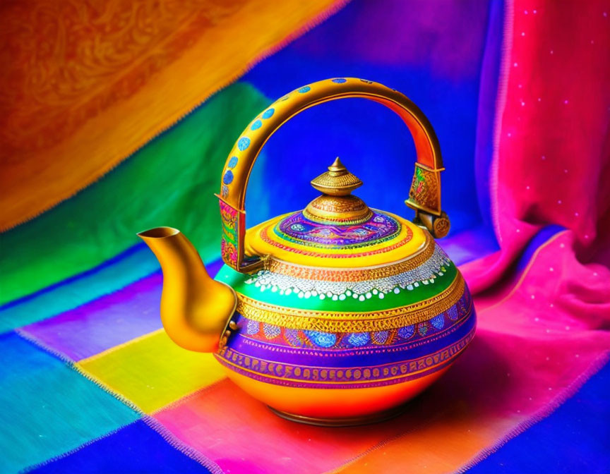 Colorful Traditional Teapot on Vibrant Multicolored Textile Background