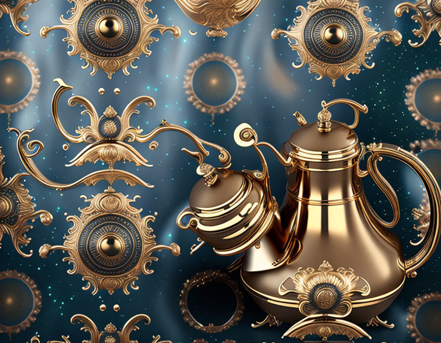 Surreal digital artwork: Metallic teapot, golden gears, celestial motifs on blue backdrop