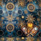 Surreal digital artwork: Metallic teapot, golden gears, celestial motifs on blue backdrop