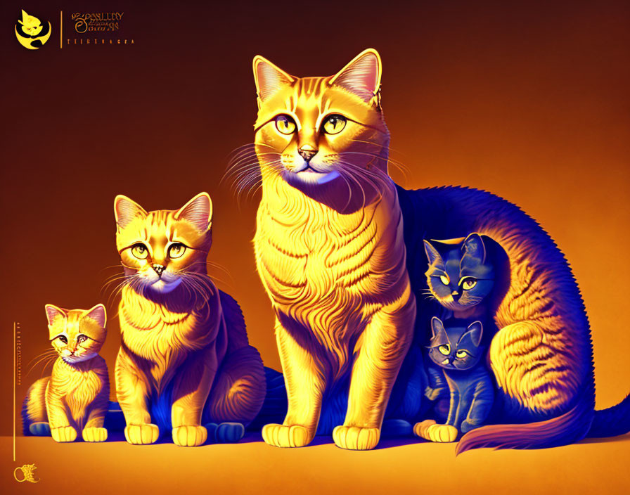 Five stylized cats in golden and blue hues: majestic and mysterious.