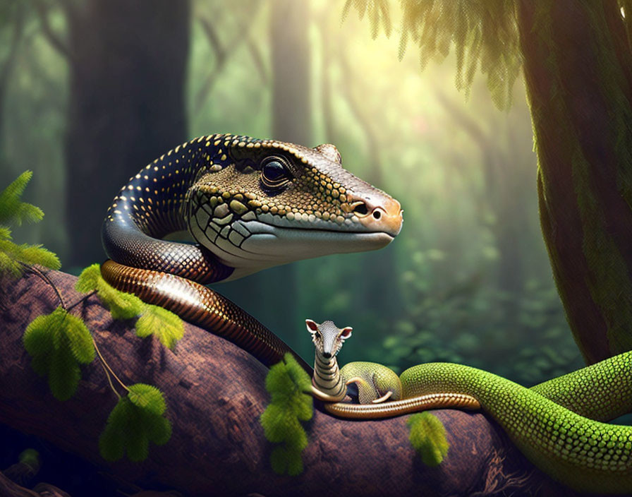 Green and Yellow Lizard with Kangaroo Figurine on Tree Branch in Sunlit Forest