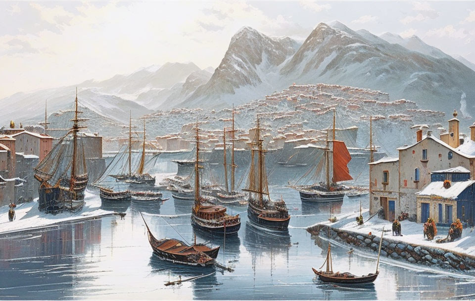 Tranquil port scene with sailboats and snowy mountains