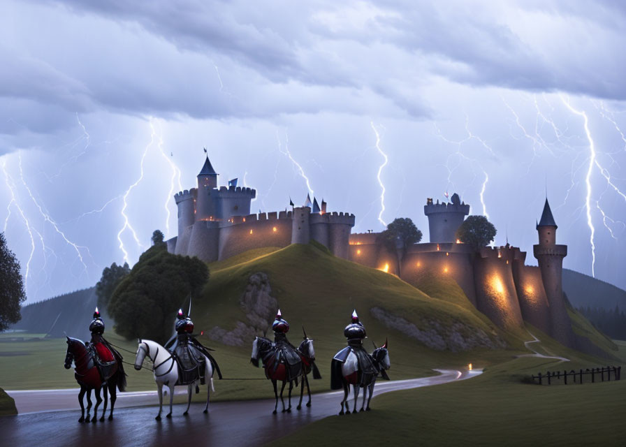 Medieval castle scene with four knights on horseback in a lightning storm