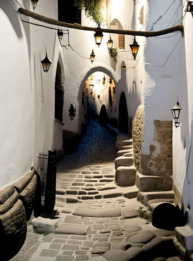 Historic cobblestone alleyway with whitewashed walls and street lamps at dusk
