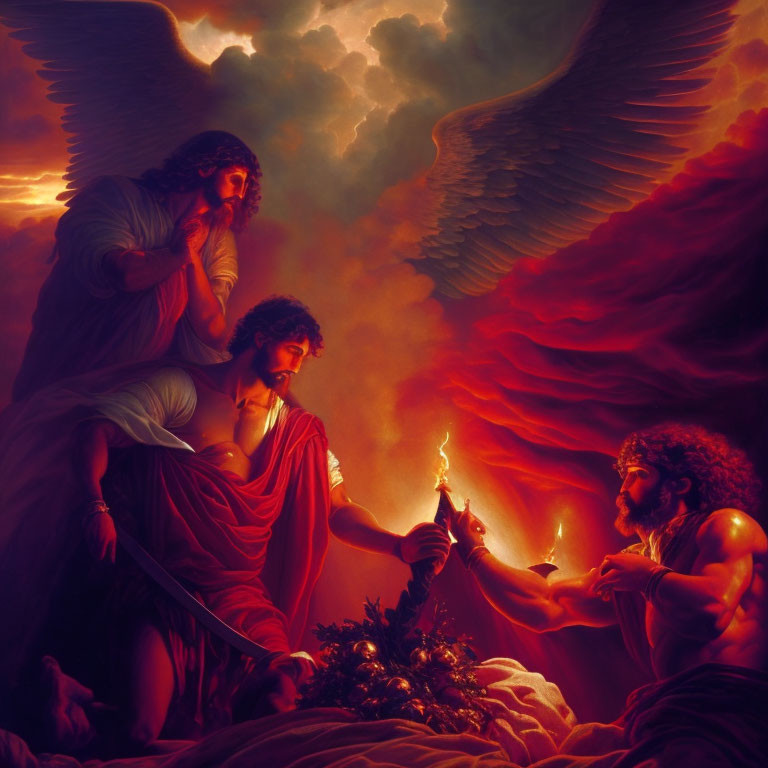 Three angelic figures with large wings in a dramatic painting with a red-hued sky.