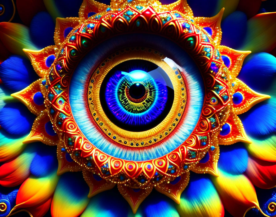 Colorful digital artwork: Eye in kaleidoscopic pattern with ornate details