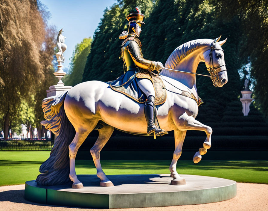 Historical military statue on rearing horse in lush greenery