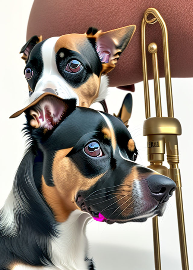 Detailed Hyper-Realistic Illustration of Three Dogs with Gold Trombone