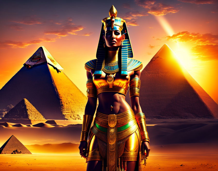 Digital artwork: Woman as Egyptian pharaoh with golden headdress at sunset
