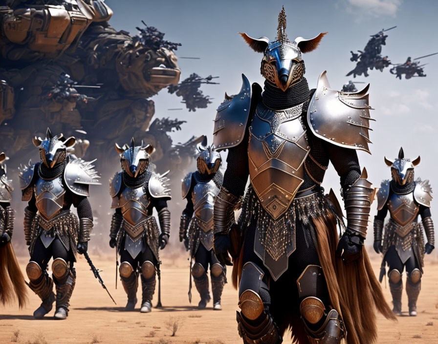 Armored warriors with horned helmet march in desert with futuristic aircraft.