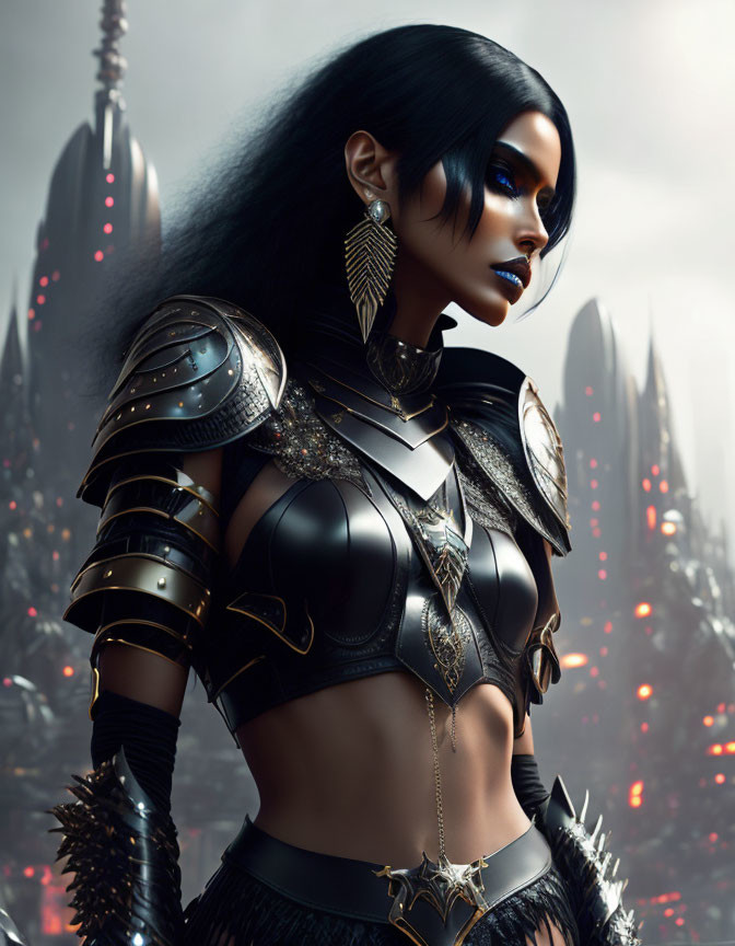 Warrior woman digital art in fantasy armor against cityscape