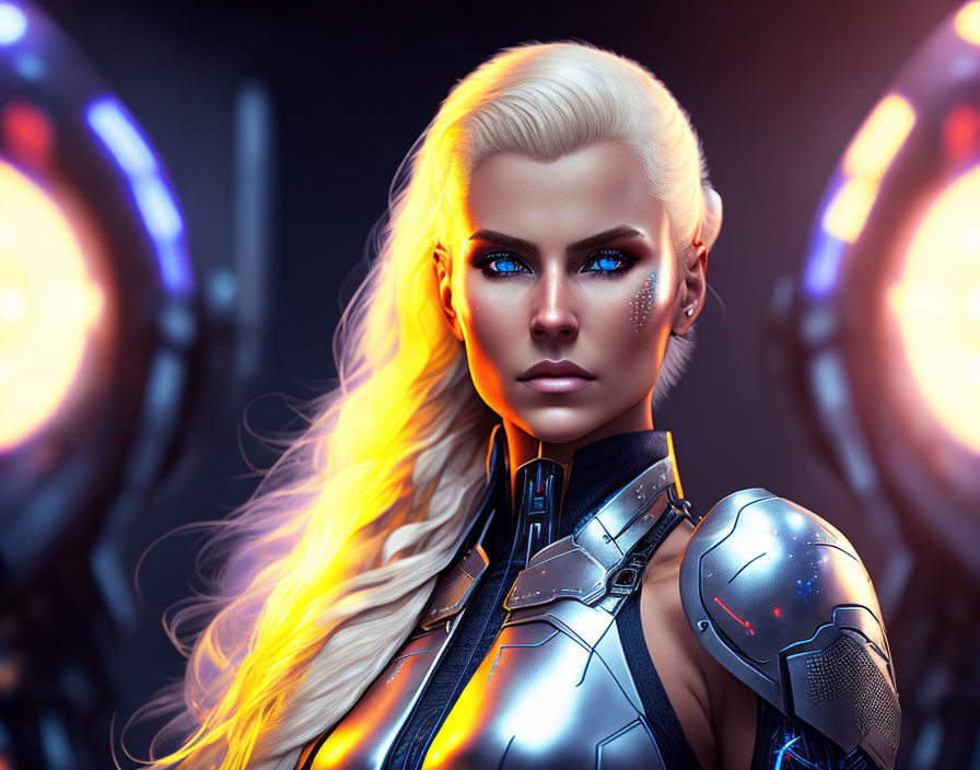 Futuristic digital artwork: Woman with platinum blonde hair in sci-fi armor.