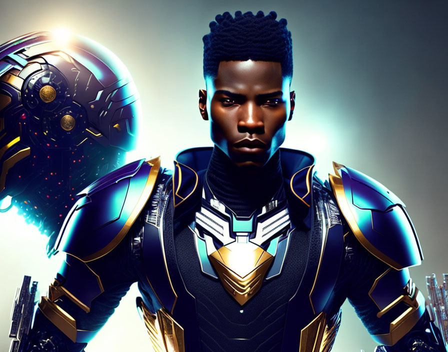 Futuristic character in blue and silver armor against illuminated backdrop