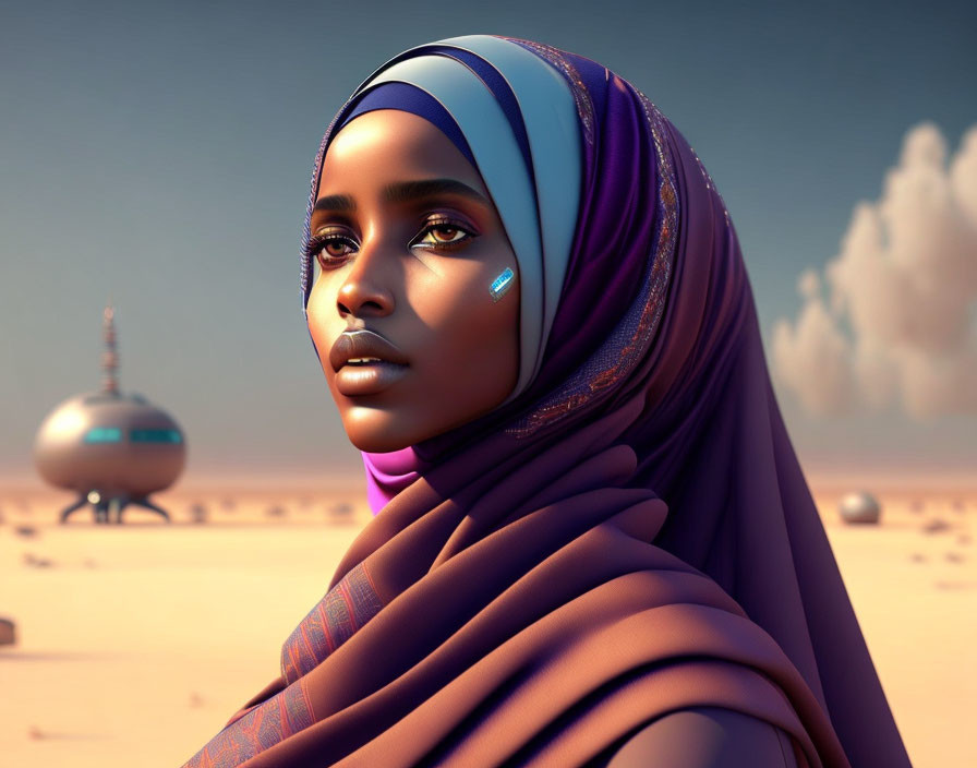 Digital artwork: Woman in hijab with futuristic desert building