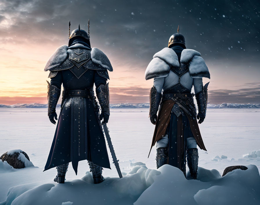 Ornate armor knights in snowy field under starry sky
