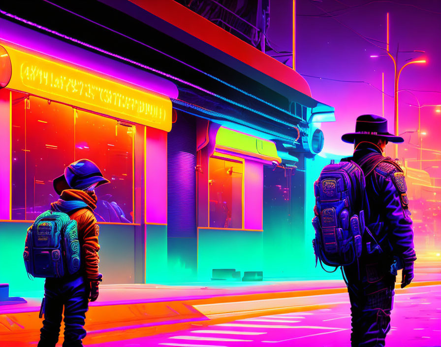 Silhouetted figures with glowing backpacks in neon-lit cityscape
