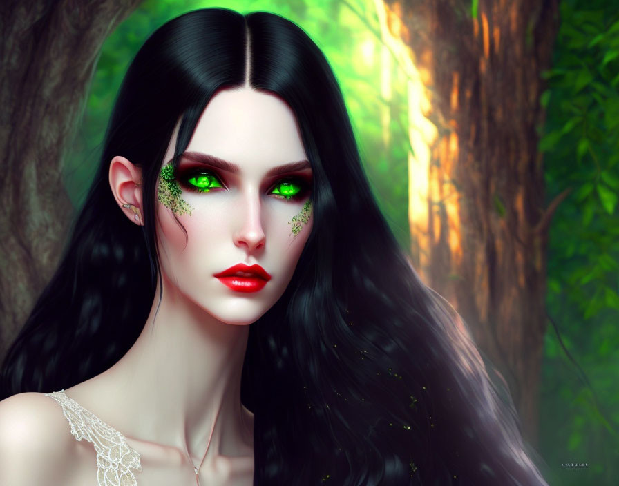 Digital artwork featuring woman with green eyes, glitter makeup, dark hair, forest backdrop