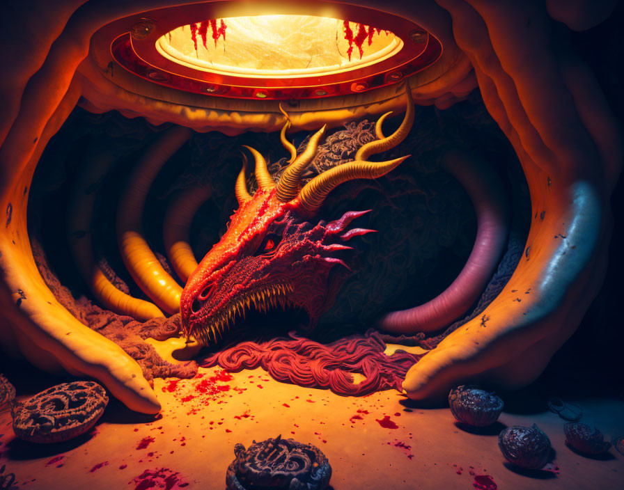 Surreal dragon-like creature in organic chamber with glowing portal and strange orbs
