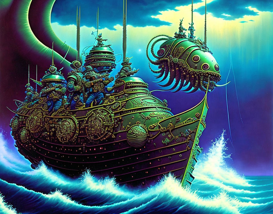 Futuristic ornate ship on choppy seas with squid-like airships in vibrant blues and greens