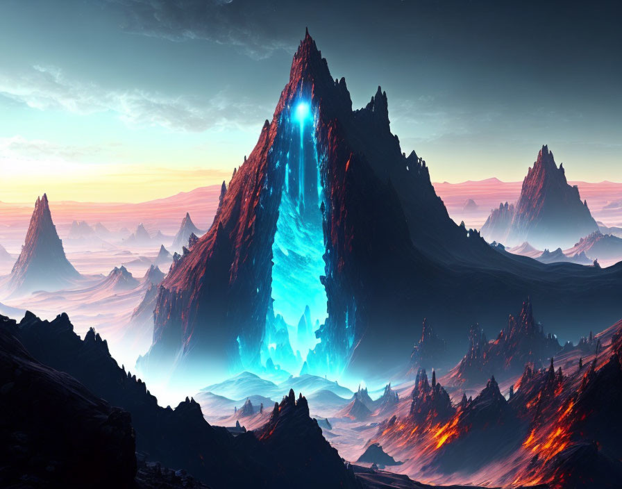 Surreal landscape featuring glowing blue rift in jagged mountain peak