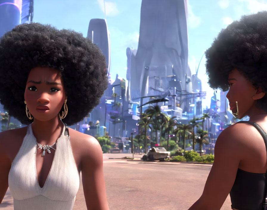 Two female animated characters with futuristic cityscape background